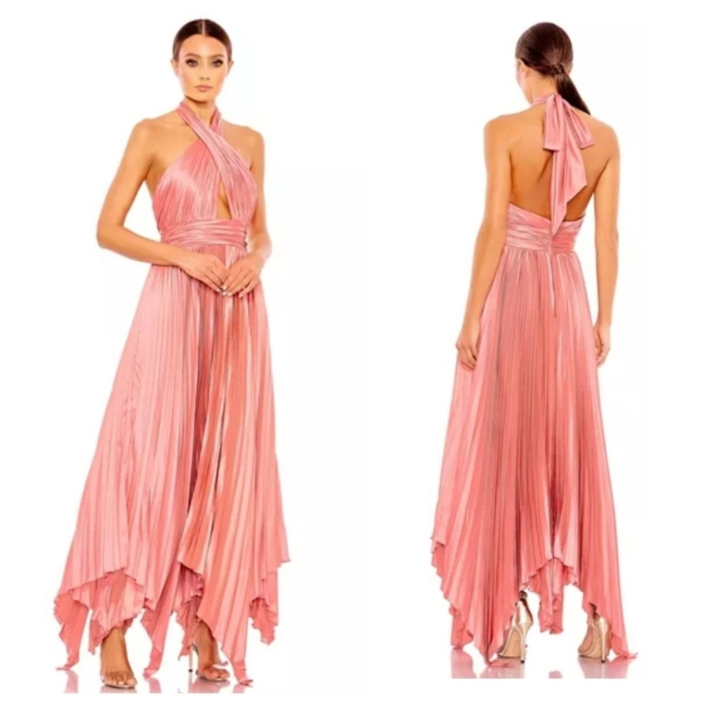 Mac Duggal pleated halter neck asymmetrical gown rose pink sz 18 NWT